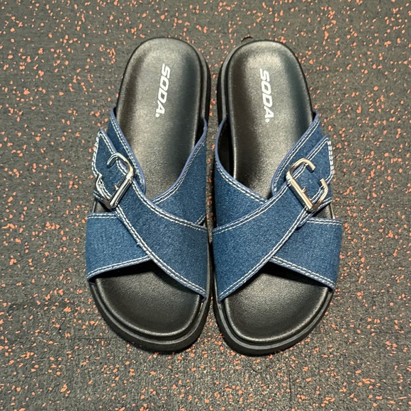Soda Denim Blue Cross Strap Sandals - Picture 1 of 2